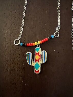 Silver-tone Multi-Color Cactus Pendant Necklace - Women Jewelry